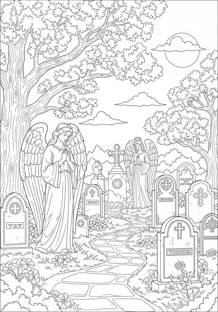Cemetery Angels Scary Coloring Page