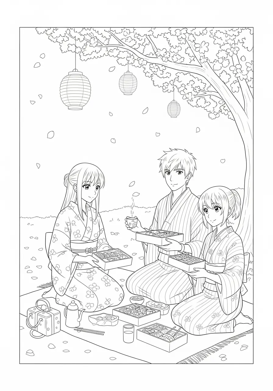 Cherry Blossom Festival Anime Coloring Page