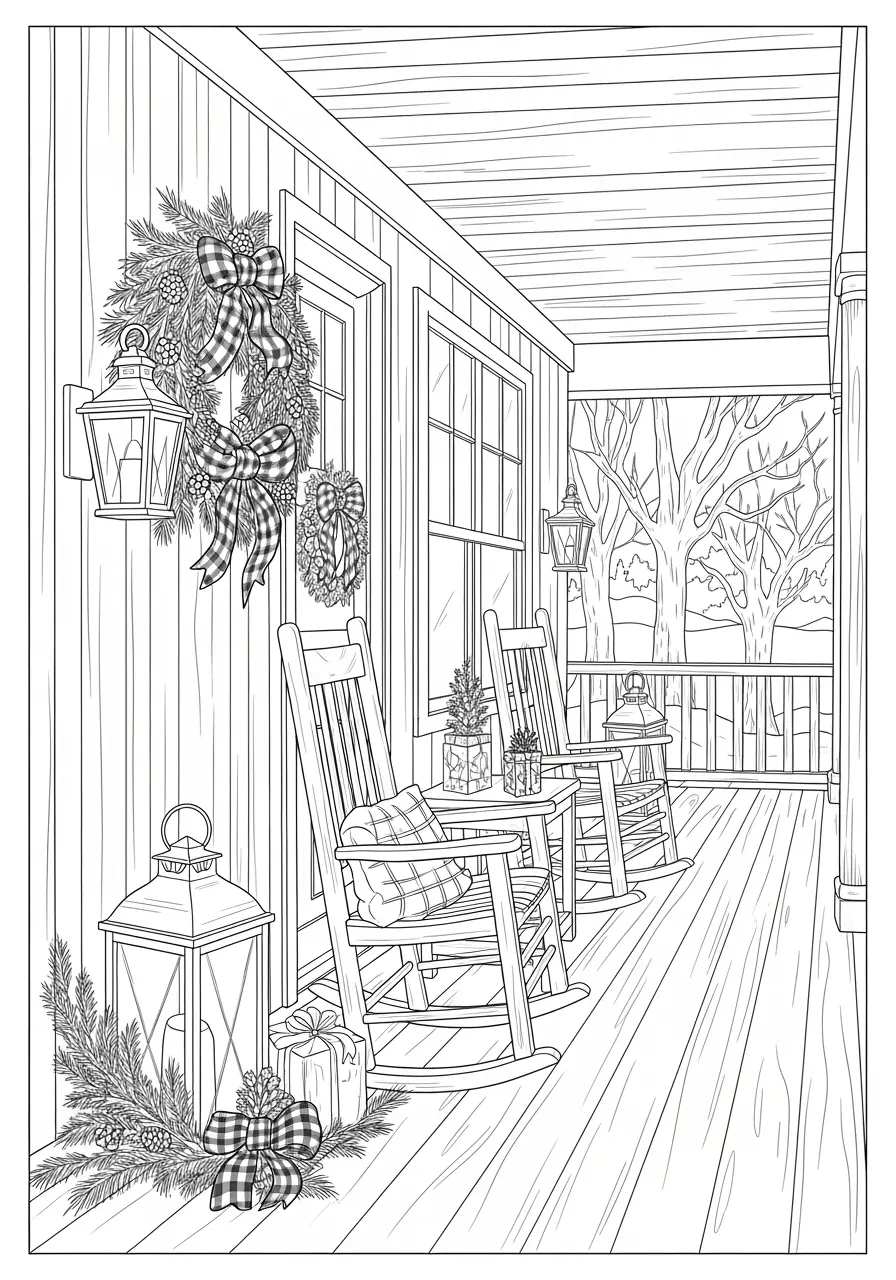 Christmas Farmhouse Coloring Page For Adults