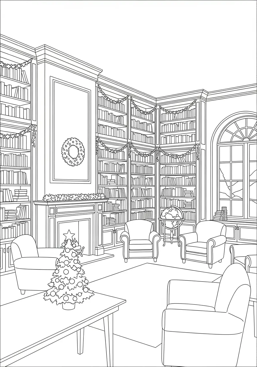 Christmas Library Coloring Page For Adults