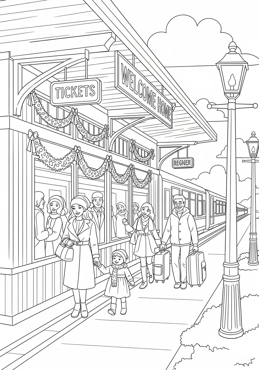 Christmas Train Station Coloring Page