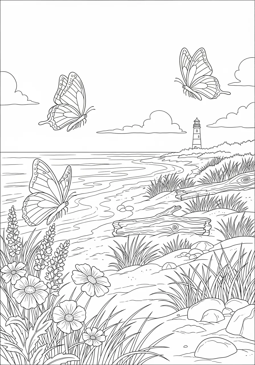 Coastal Butterfly Haven Coloring Page