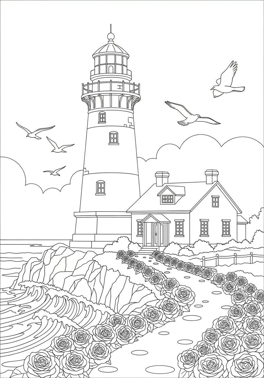 Coastal Lighthouse Landscape Coloring Page