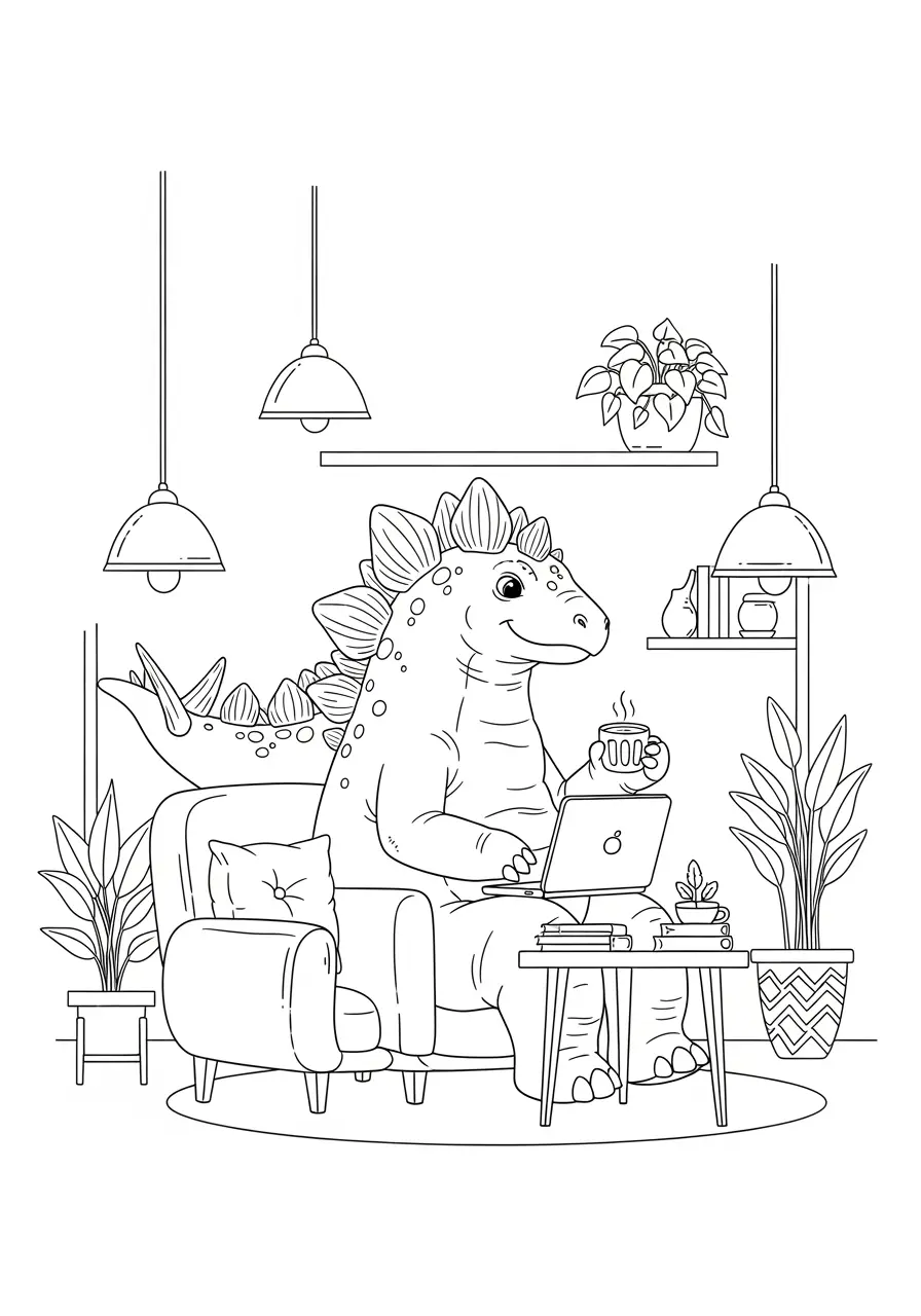 Coffee Shop Dinosaur Coloring Page