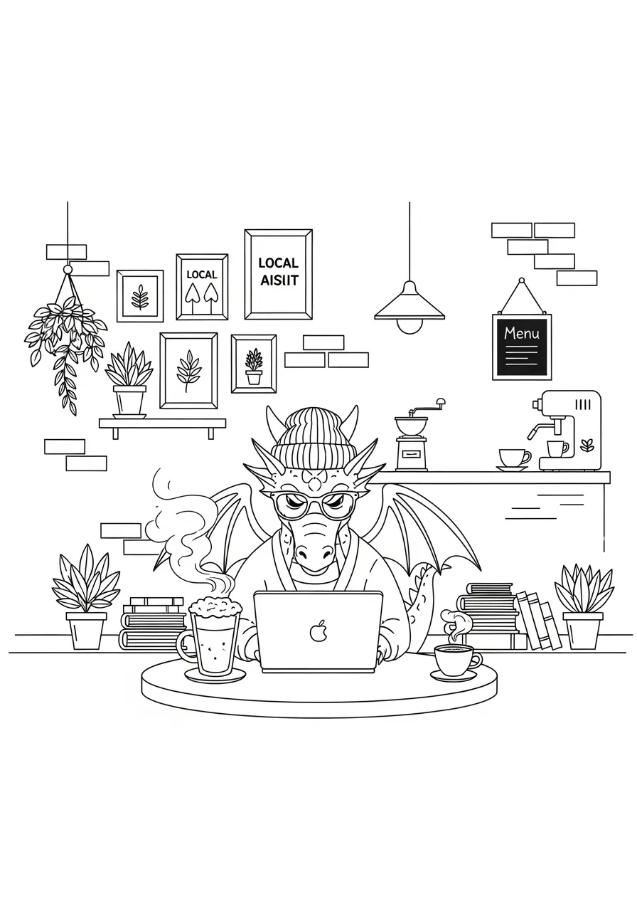 Coffee Shop Dragon Coloring Page