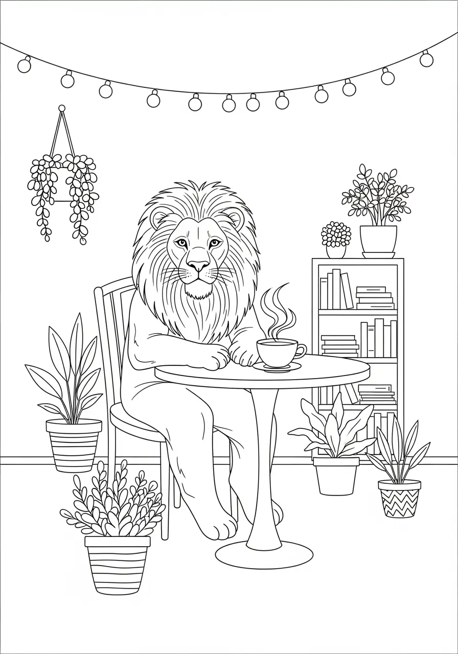 Coffee Shop Lion Coloring Page for Adults