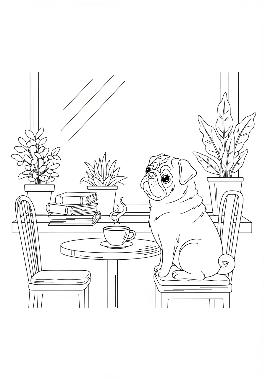 Coffee Shop Pug Dog Coloring Page