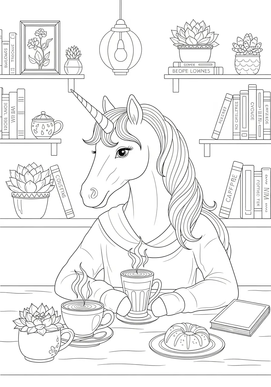 Coffee Shop Unicorn Coloring Page