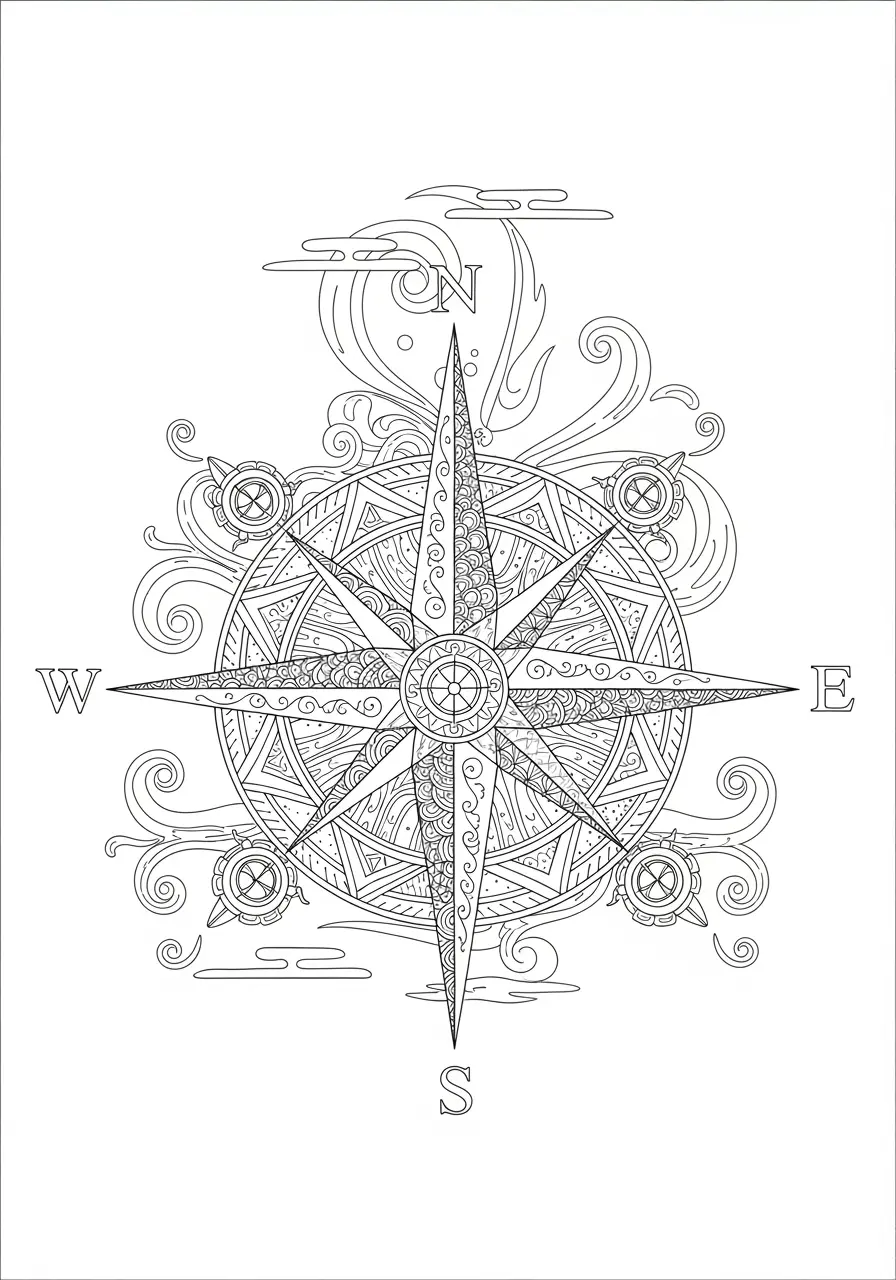 Compass Rose Zentangle Coloring Page