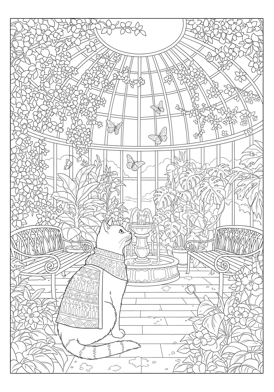 Conservatory Cat Coloring Page For Adults