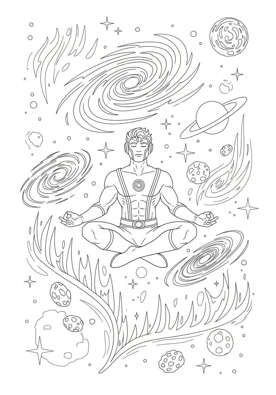 Cosmic Hero Meditation Coloring Page