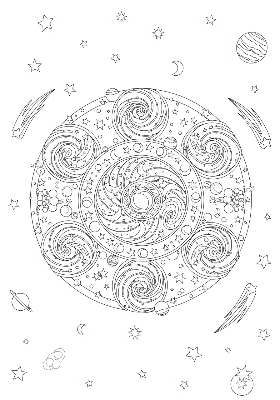 Cosmic Mandala Trippy Coloring Page