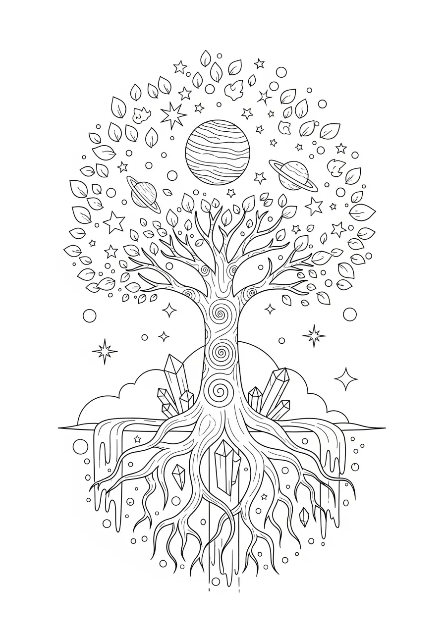 Cosmic Tree Trippy Coloring Page