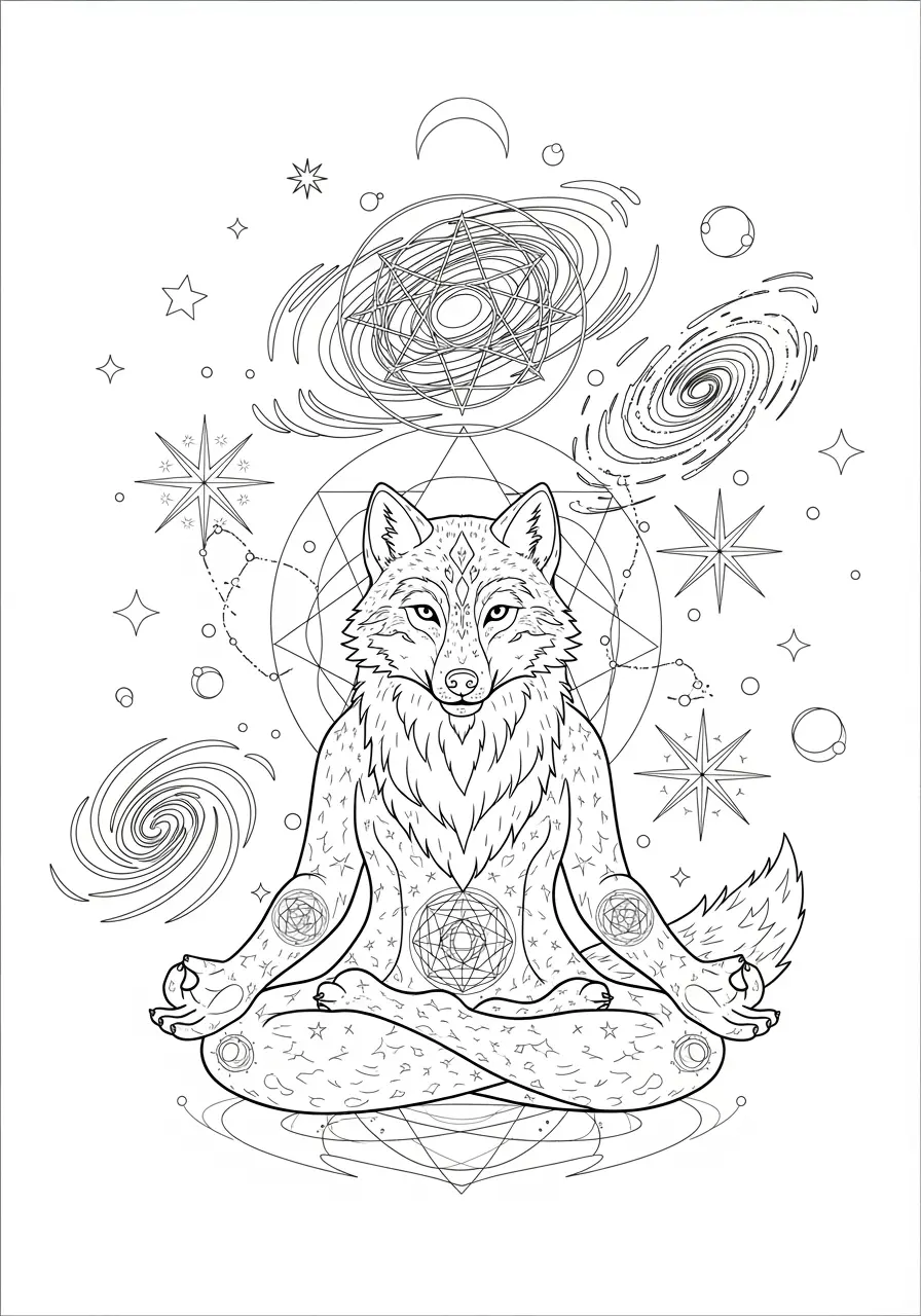 Cosmic Wolf Meditation Coloring Page