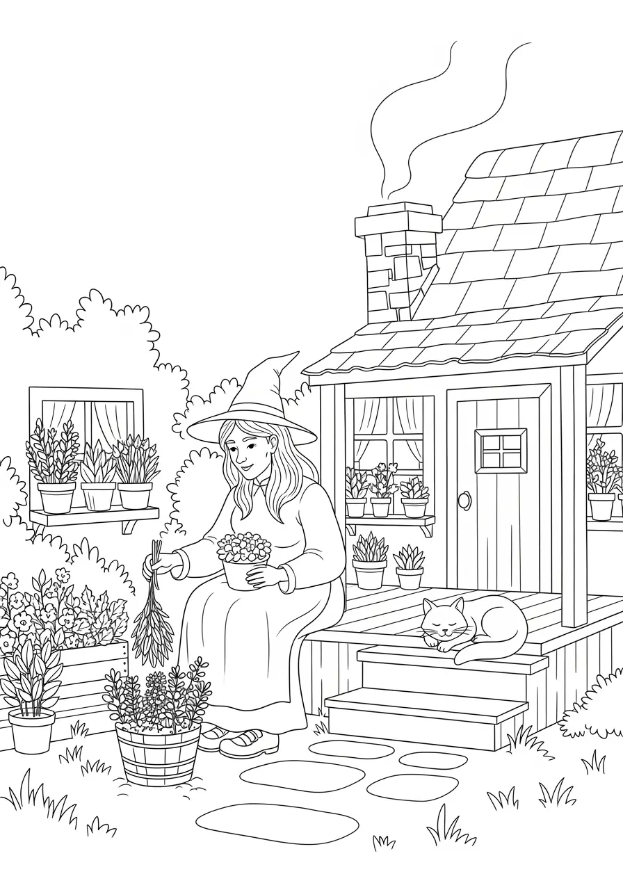 Cottage-Hexen-Ausmalbild