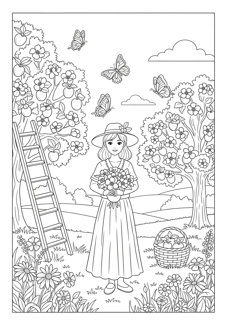 Country Butterfly Orchard Coloring Page