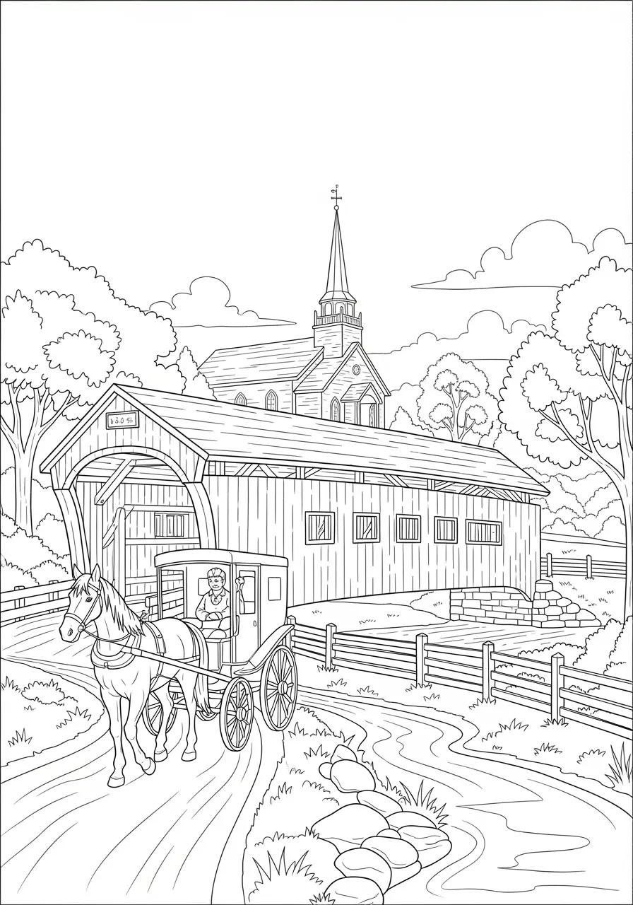 Covered Bridge Horse Coloring Page