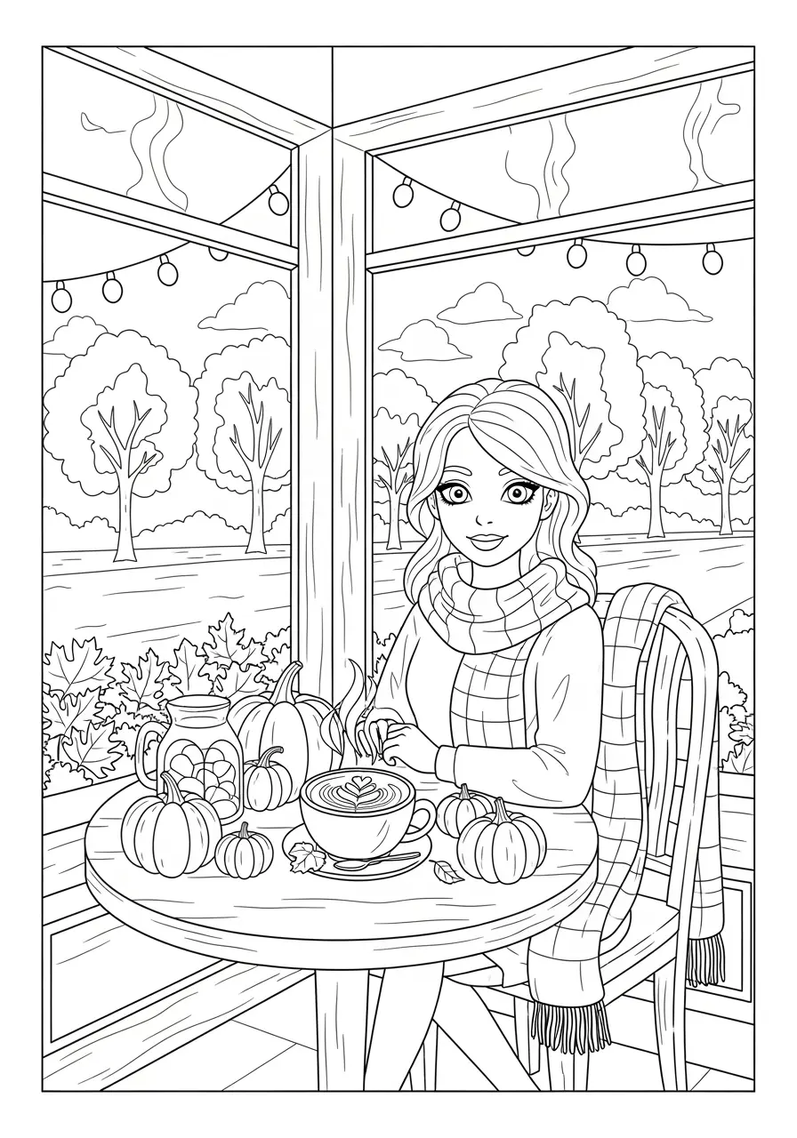 Cozy Autumn Coffee Shop Coloring Page