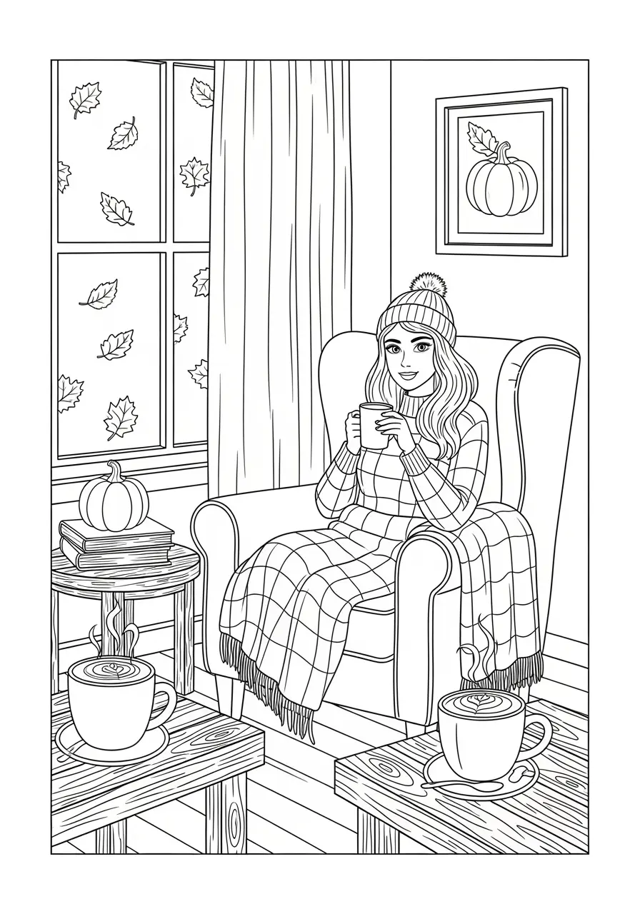 Cozy Coffee Shop Fall Coloring Page