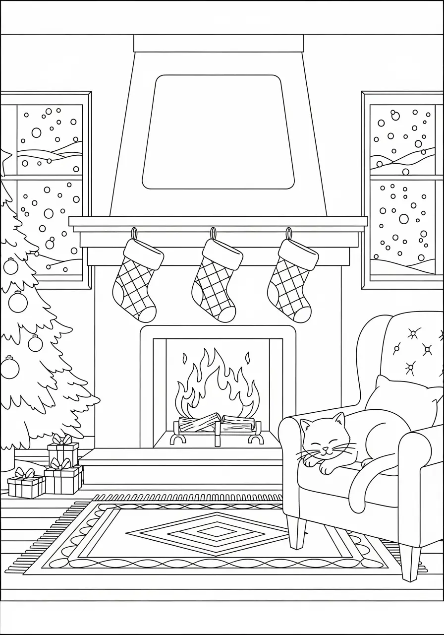 Cozy Fireplace Christmas Coloring Page