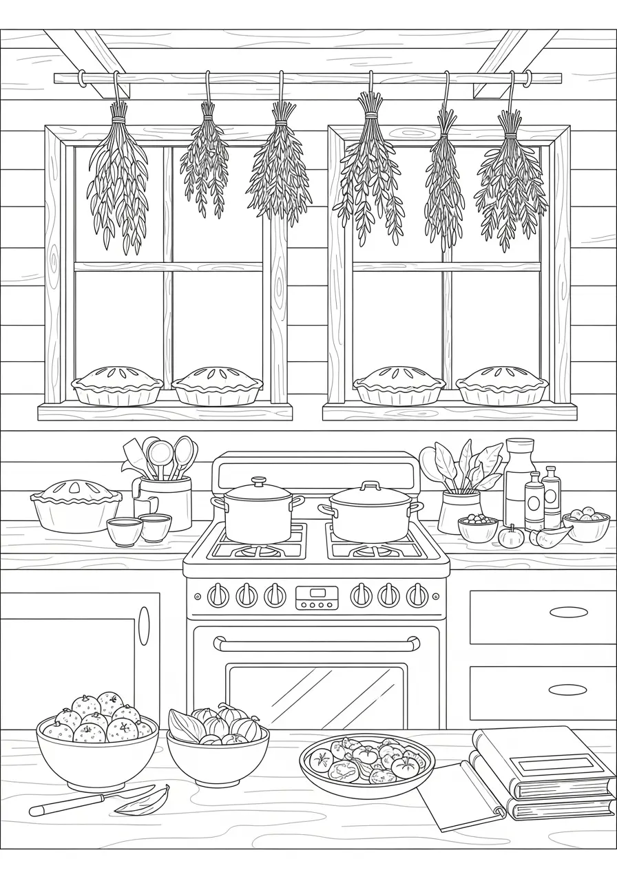 Cozy Kitchen Thanksgiving Coloring Page