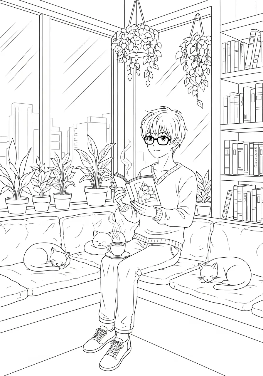 Cozy Manga Café Anime Coloring Page
