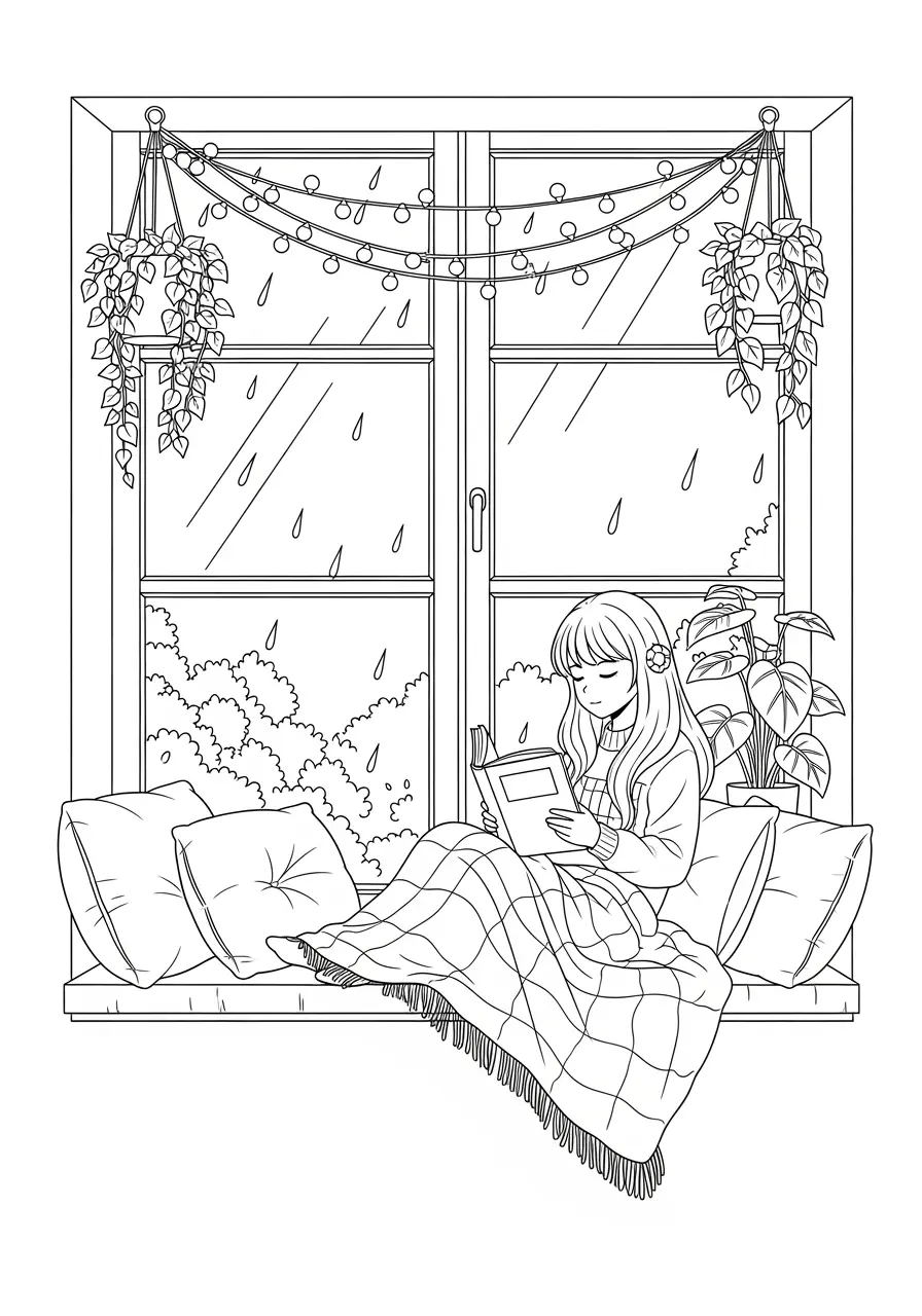 Cozy Reading Nook Anime Coloring Page