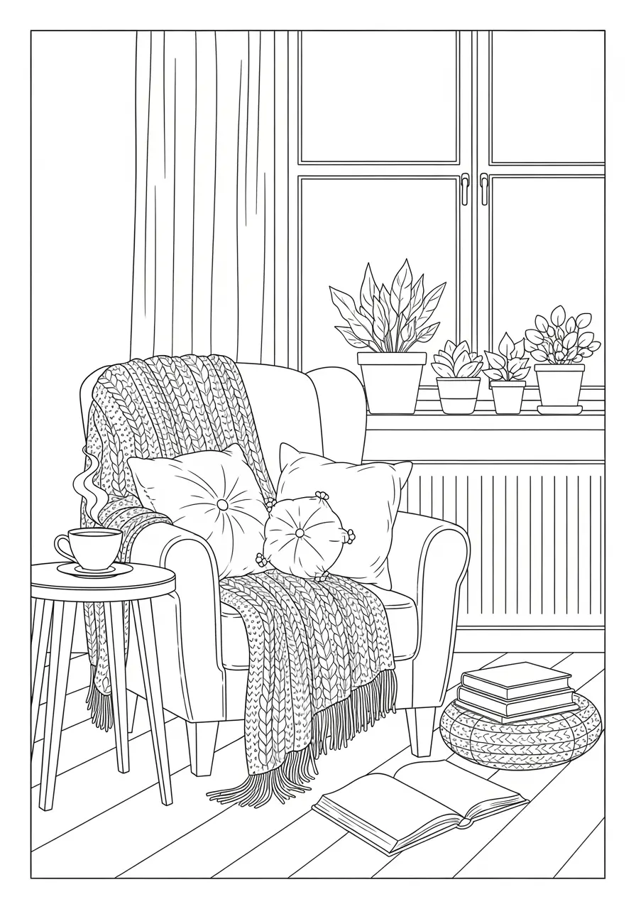 Cozy Reading Nook Calming Coloring Page