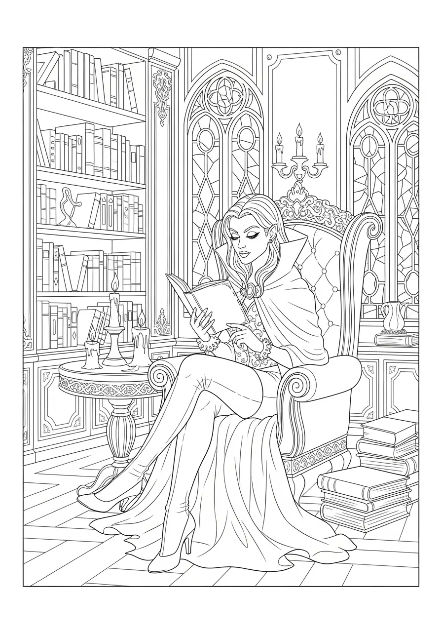 Cozy Vampire Library Spooky Coloring Page