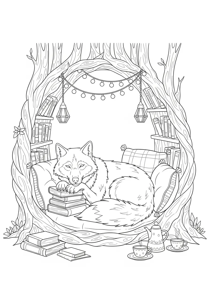 Cozy Wolf Reading Nook Coloring Page