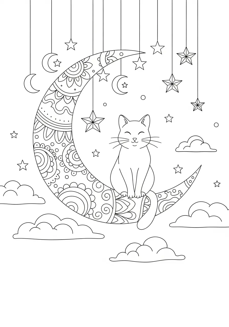 Crescent Moon Cat Tattoo Coloring Page