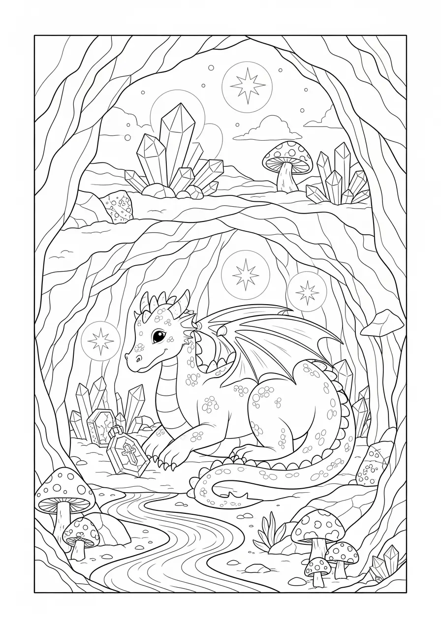 Crystal Cave Dark Fantasy Coloring Page