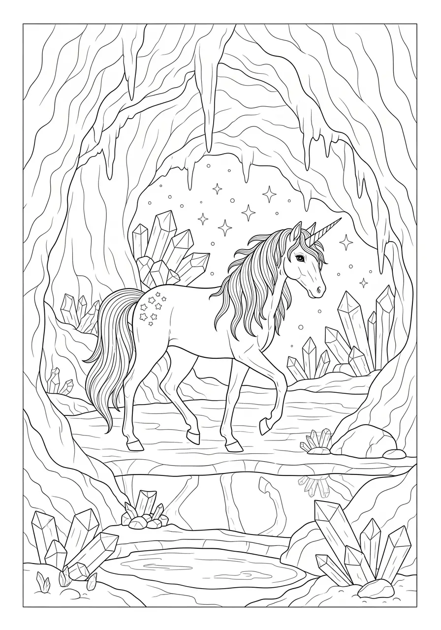 Crystal Cave Unicorn Coloring Page