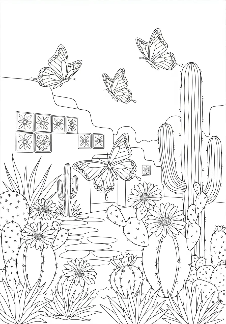 Desert Butterfly Oasis Coloring Page