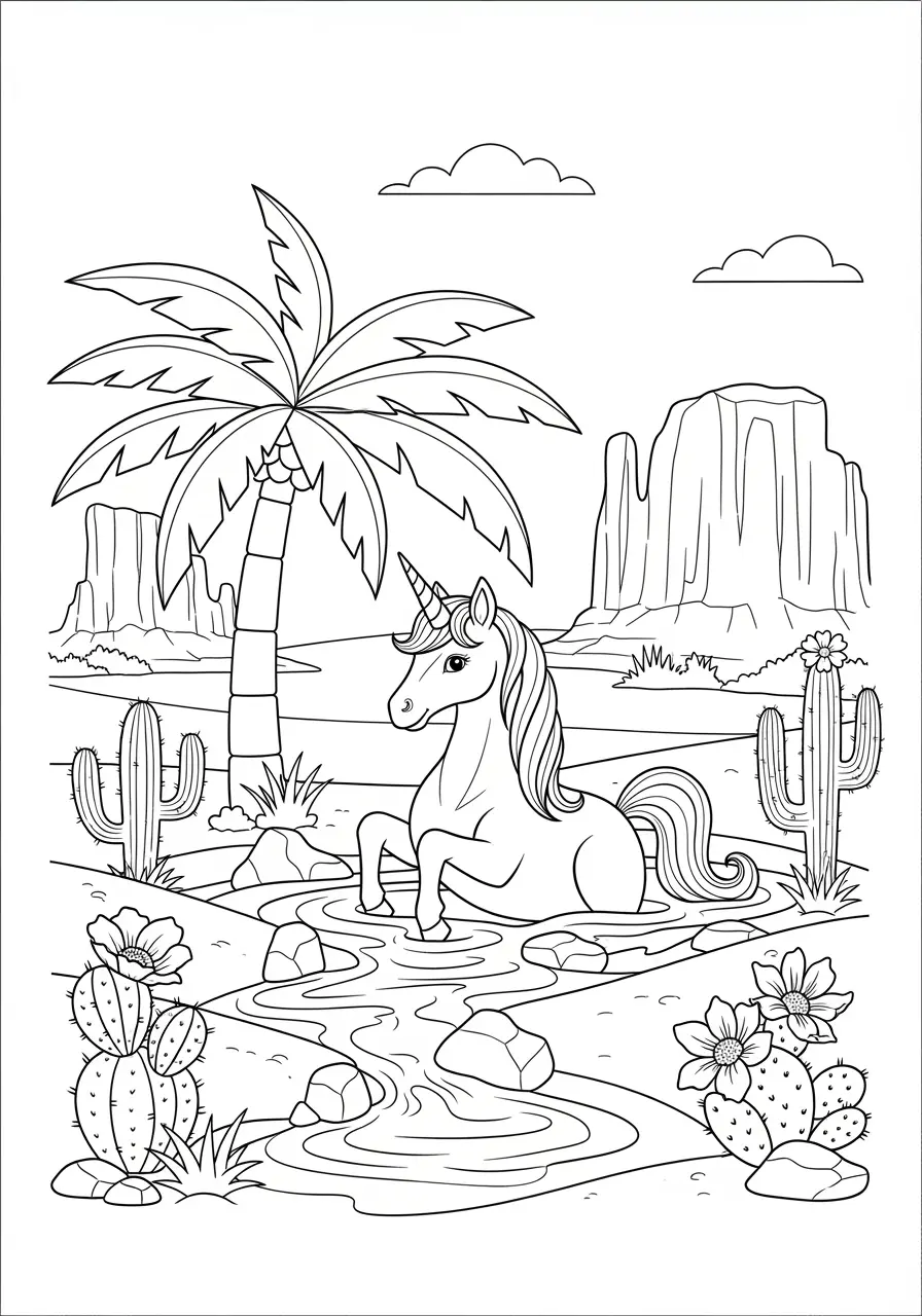 Desert Oasis Unicorn Coloring Page