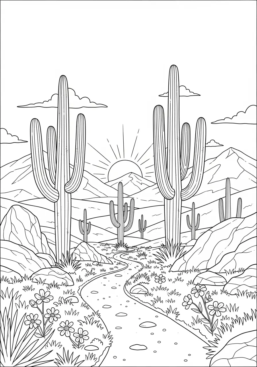 Desert Sunset Landscape Coloring Page