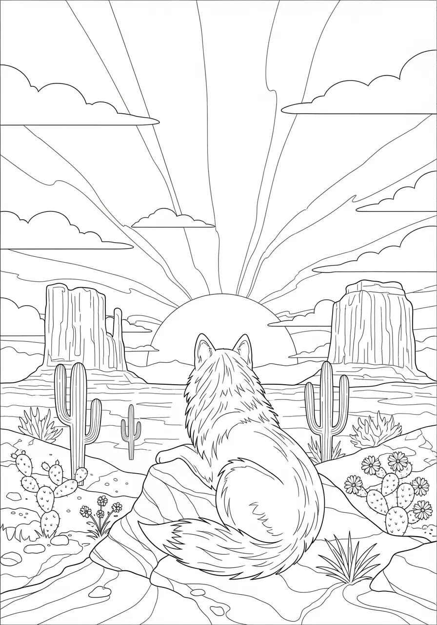 Desert Wolf At Sunset Coloring Page