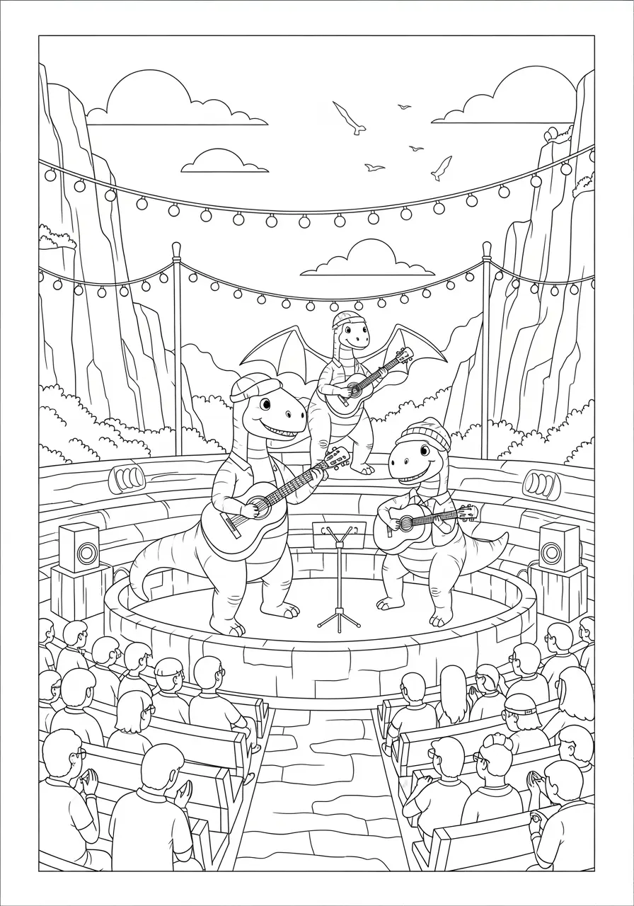 Dinosaur Music Concert Coloring Page
