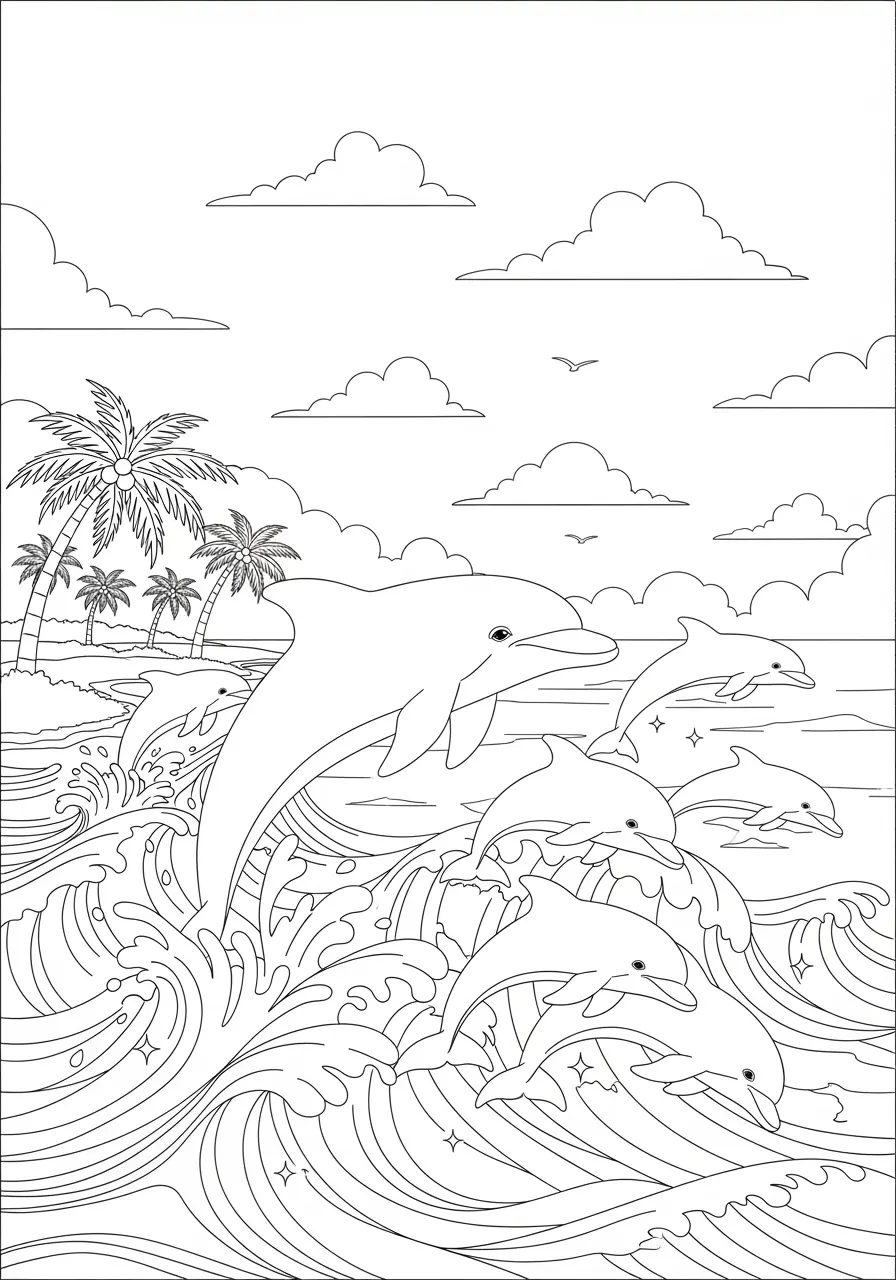 Dolphin Pod Ocean Coloring Page