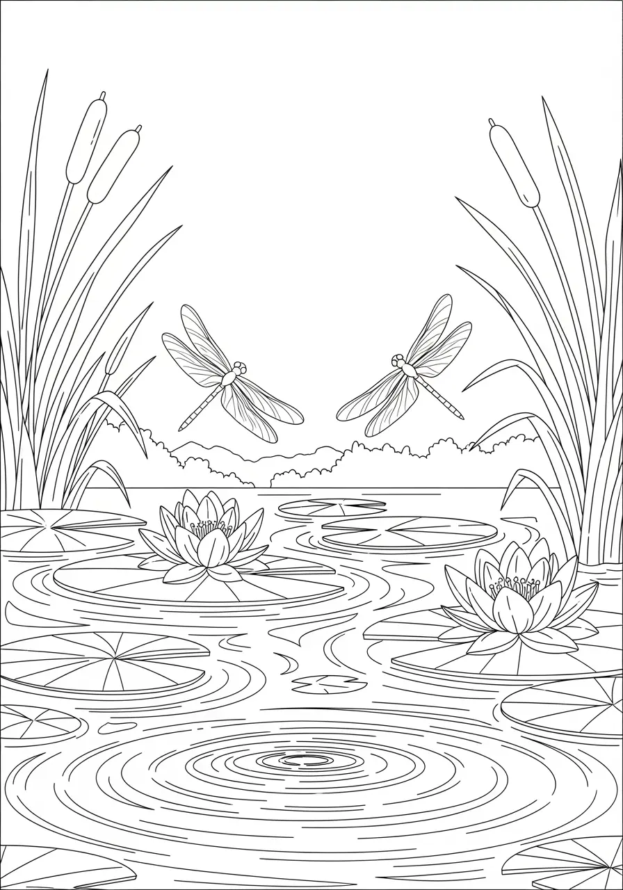 Dragonfly Lily Pond Tattoo Coloring Page