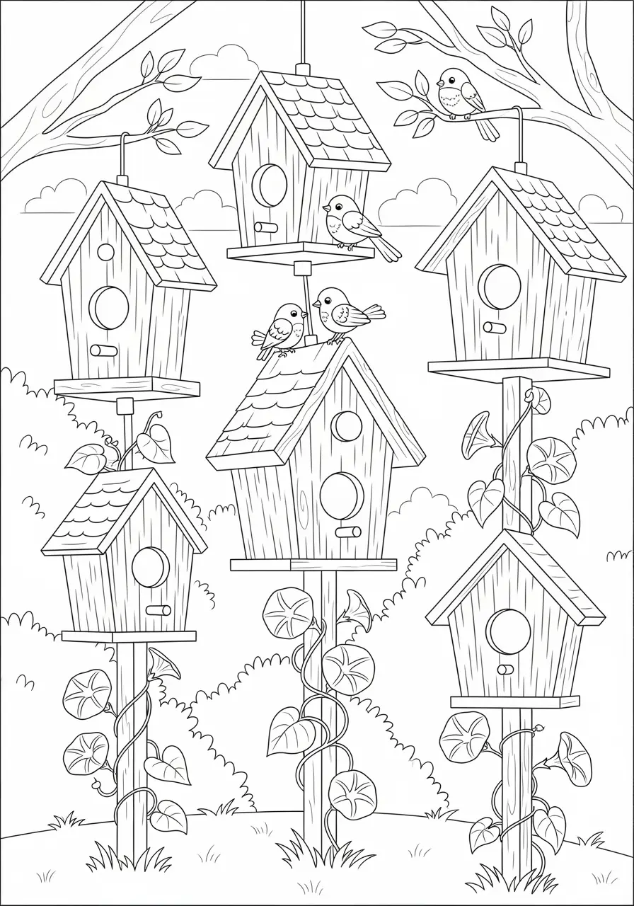 Easy Birdhouse Collection Coloring Page