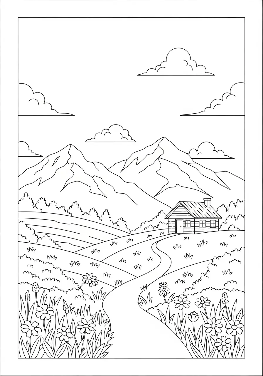 Easy Mountain Landscape Coloring Page