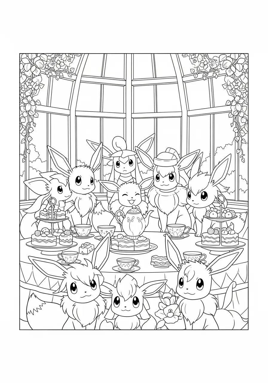 Eevee Evolution Tea Party Pokemon Coloring Page