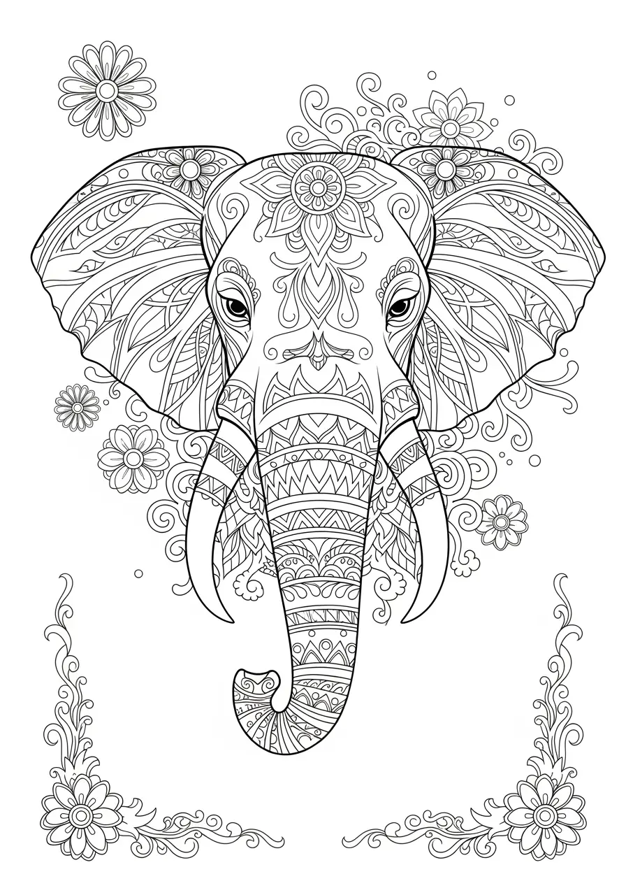 Elephant Head Zentangle Coloring Page