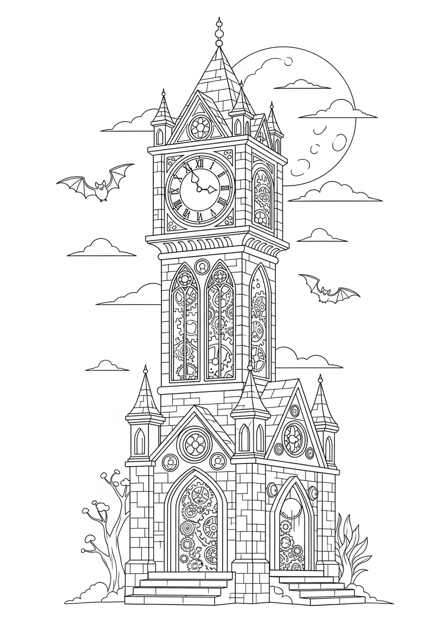 Enchanted Clock Tower Scary Coloring Page