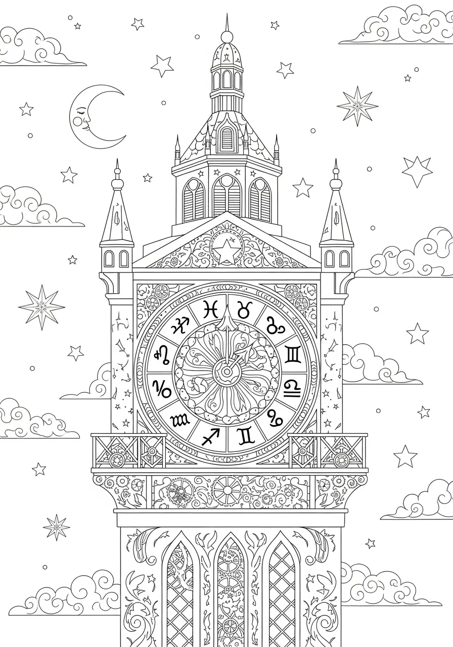 Enchanted Clocktower Dark Fantasy Coloring Page