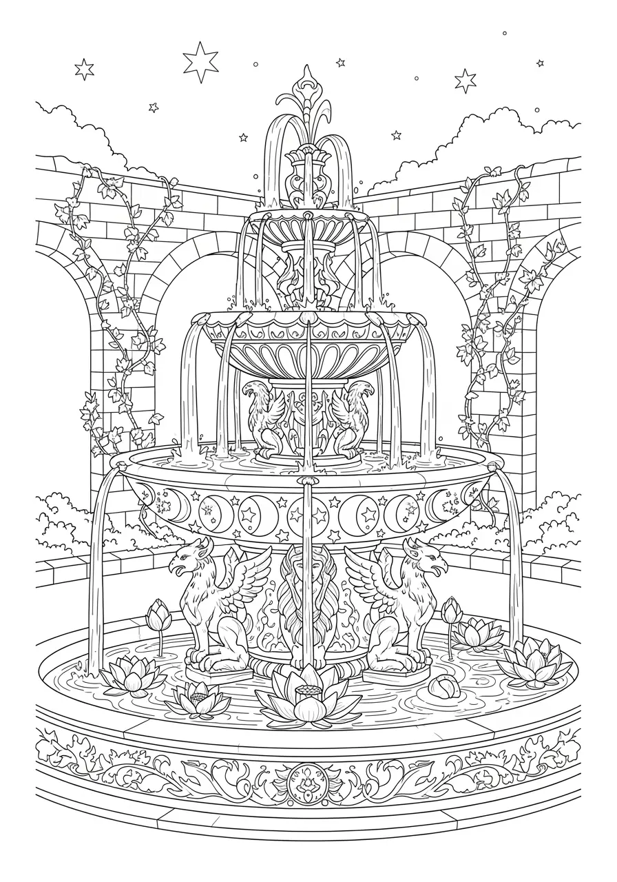 Enchanted Fountain Dark Fantasy Coloring Page