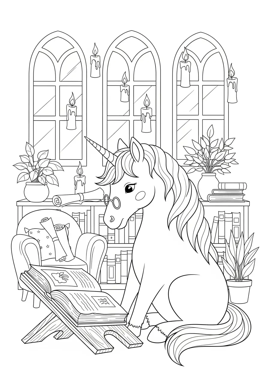 Enchanted Library Unicorn Coloring Page