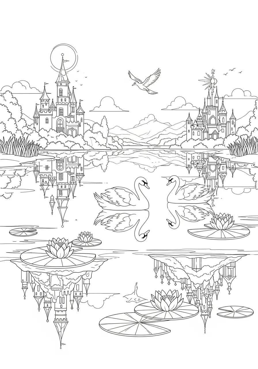 Enchanted Mirror Lake Fantasy Coloring