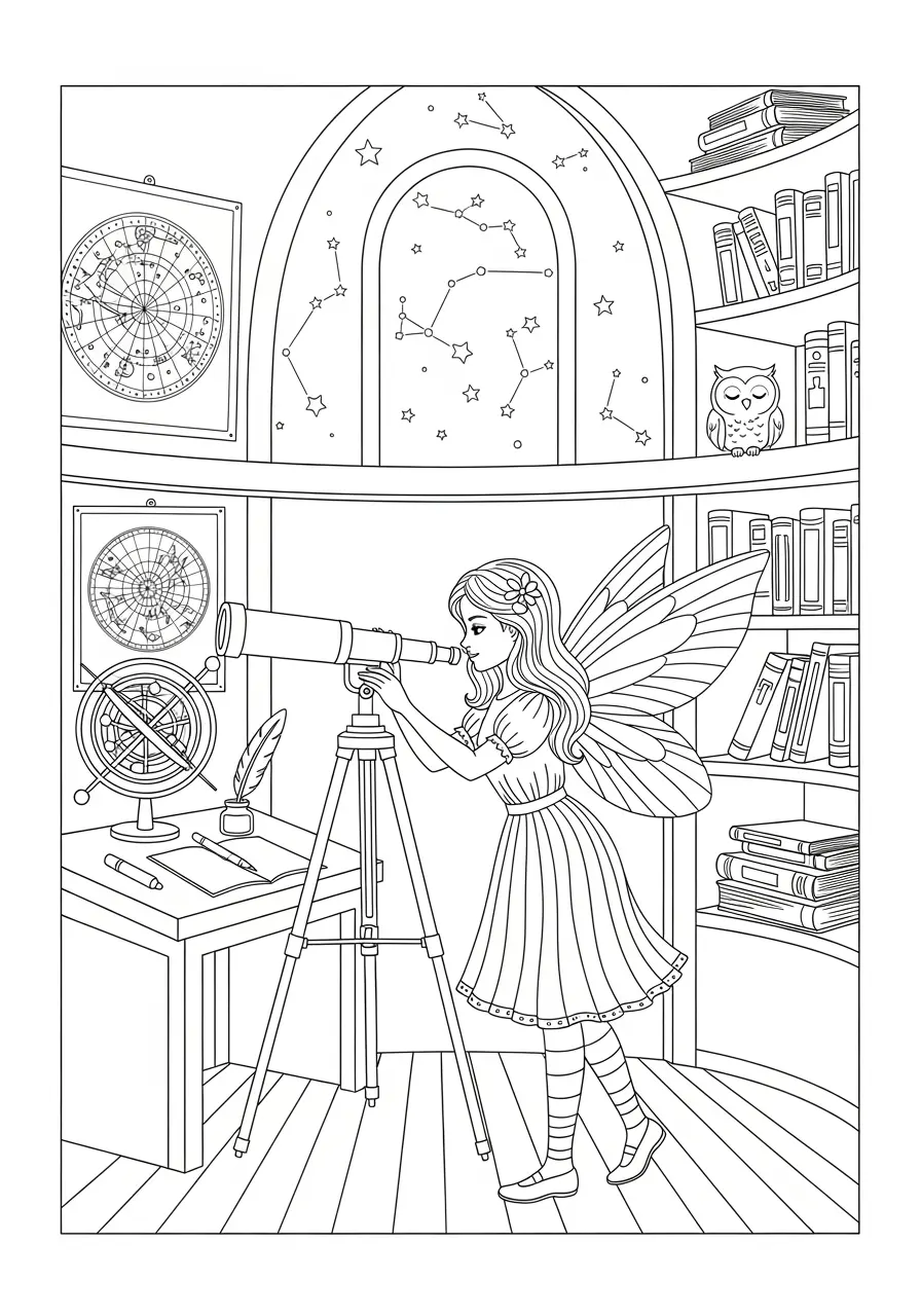 Fairy Astronomy Tower Coloring Page